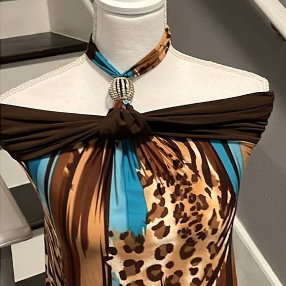 Belle Amie Strapless Brown and Blue Animal Print Top. Accent Ties around neck - Picture 1 of 13